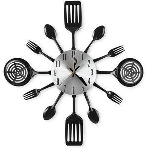 16 Inch Large Kitchen Wall Clocks with Spoons and Forks Home Decor, Black